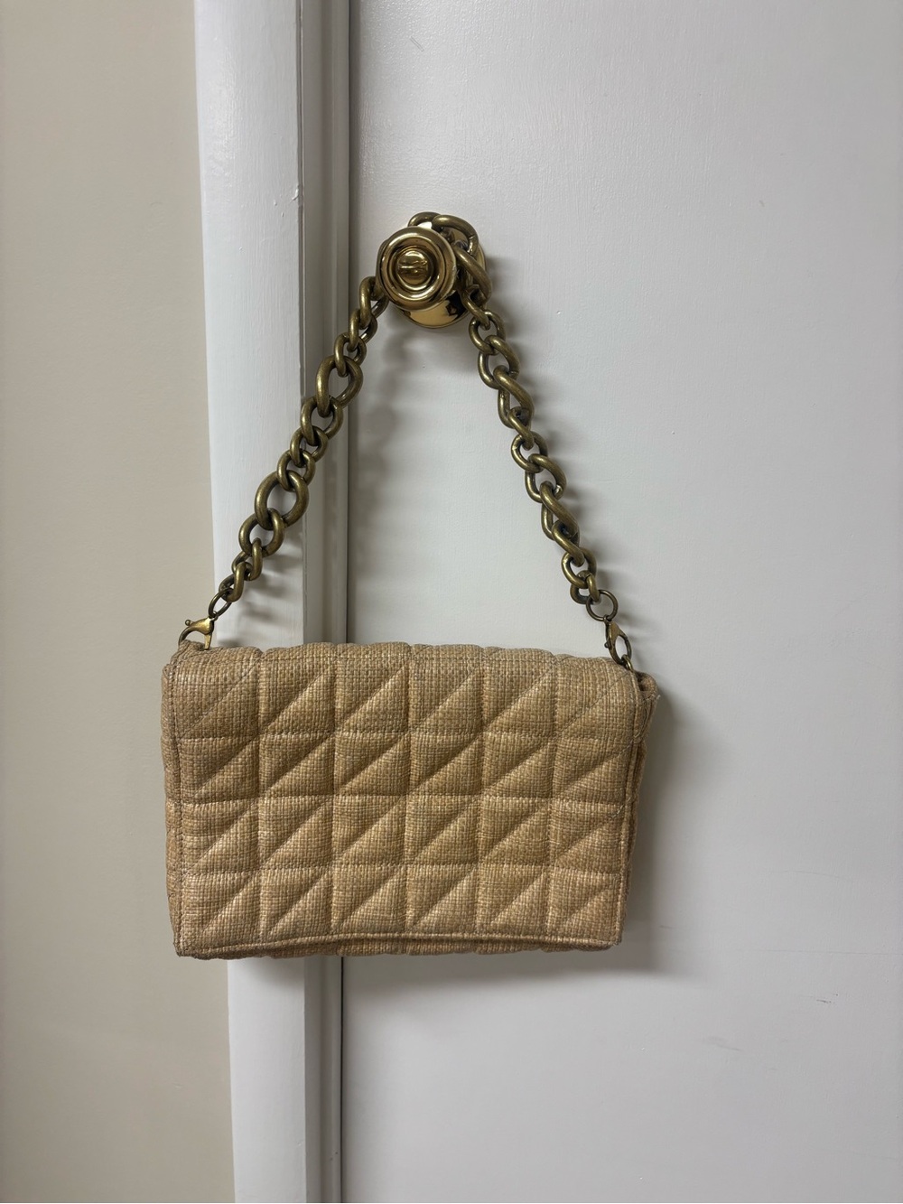 Zara Quilted Beige Shoulder Bag with Gold Chain